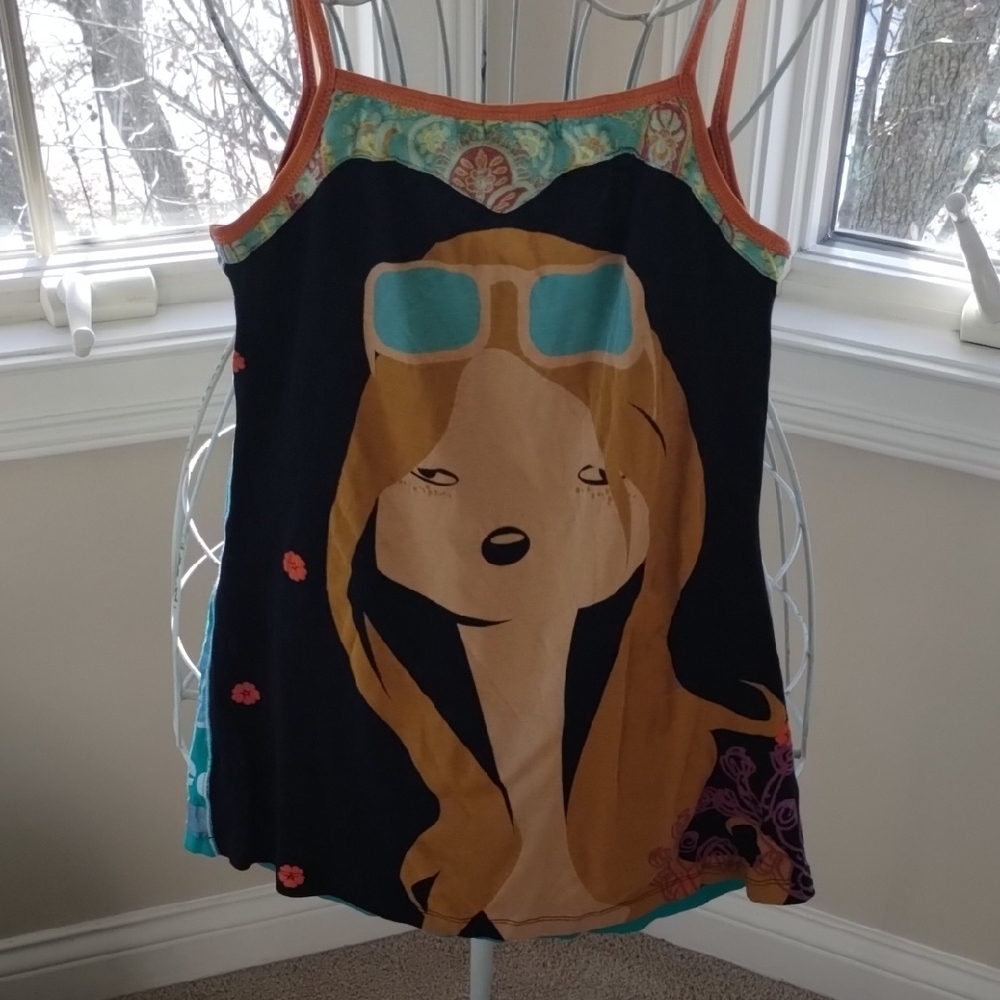 Custo Barcelona Green Floral Tank Top with Orange Accents - Picture 6 of 13